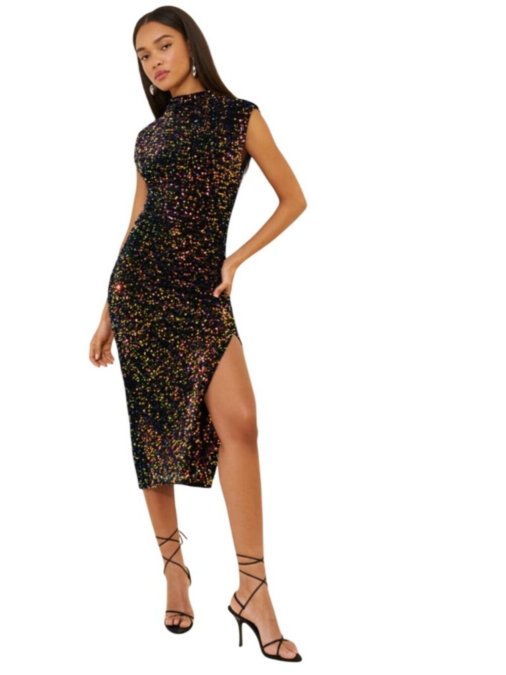 Anthropologie NWT The Maya Ruched Cowl Neck Sequin Mesh Dress Size Mp